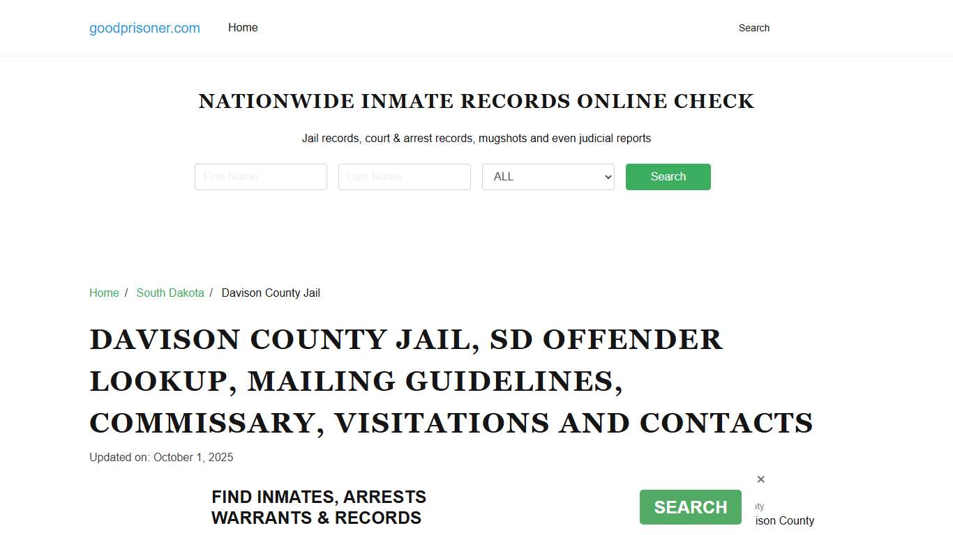 Davison County Jail, SD: Inmate Search, Visitations, Contacts